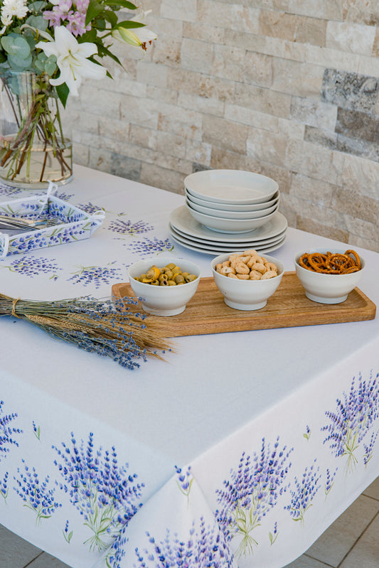 Coated Cotton Wipe CleanTablecloth - Bonnieux White/Lavender - Jenny's Linens