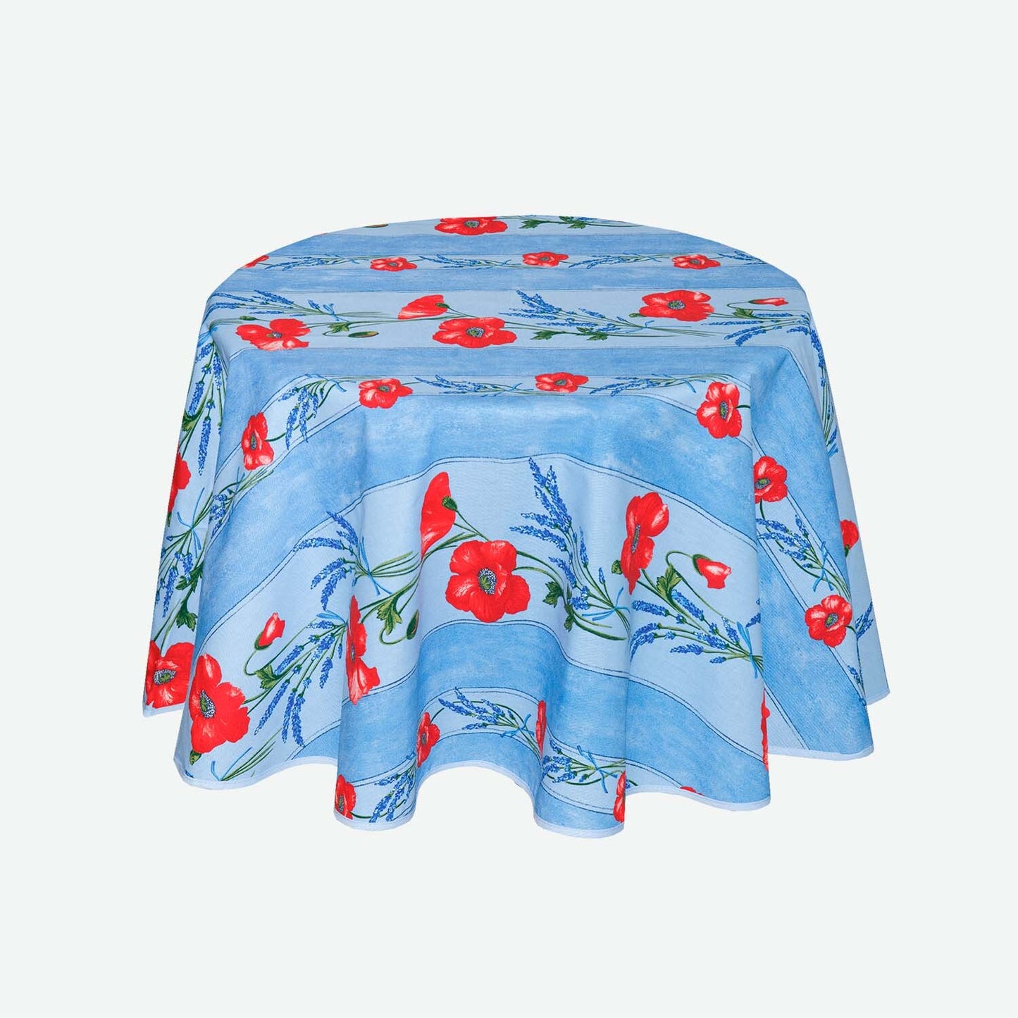 Wipe clean Blue Cotton Tablecloth with Red Poppies Linear Design. Available in Round or Square