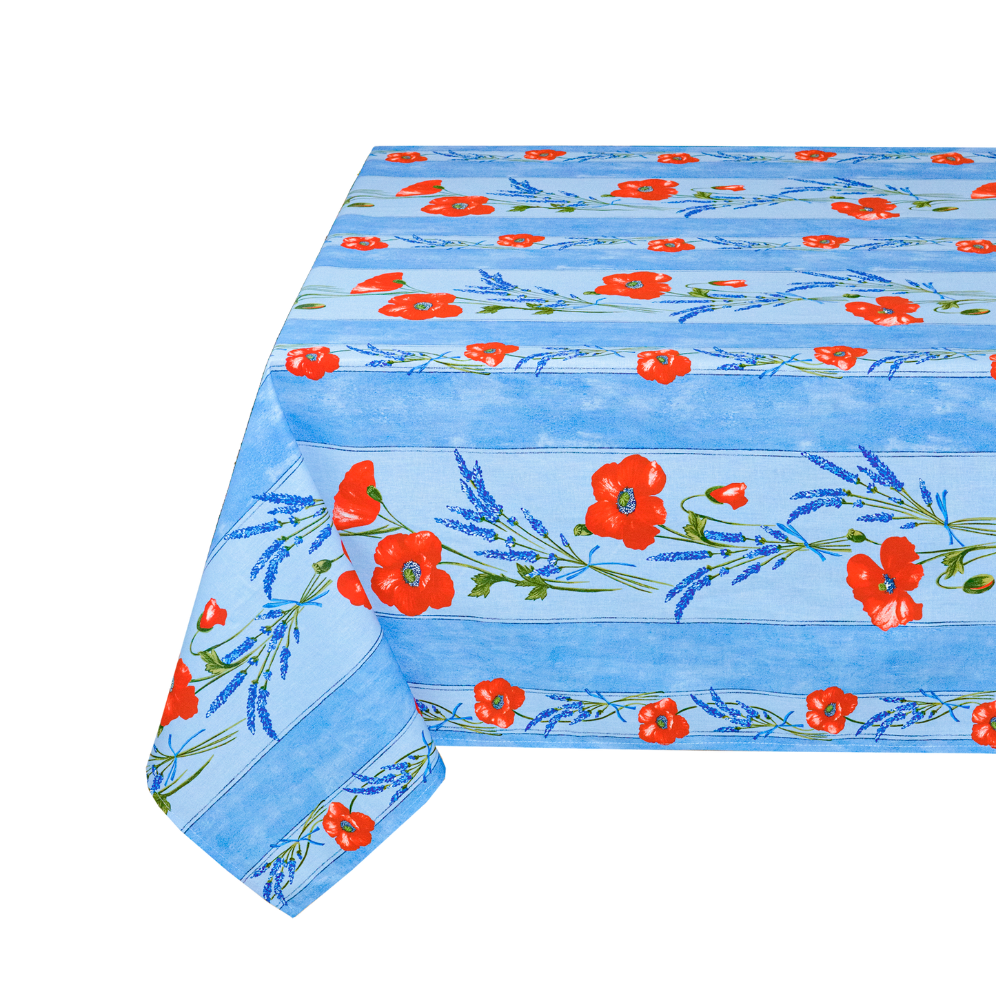 Wipe clean Blue Cotton Tablecloth with Red Poppies Linear Design. Available in Round or Square