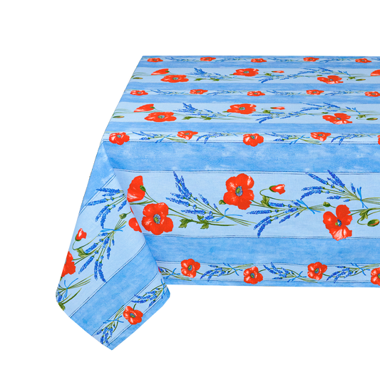 Blue Cotton with Red Poppies Linear Design Cotton Tablecloth -  Round, Square and Rectangular available