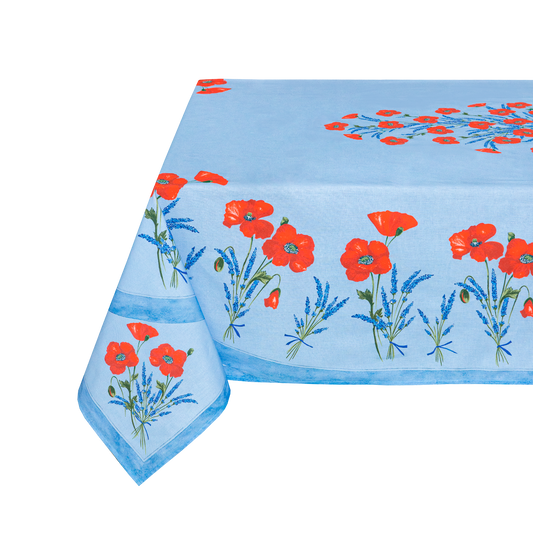 Blue Rectangular Cotton Tablecloth with Red Poppies Design