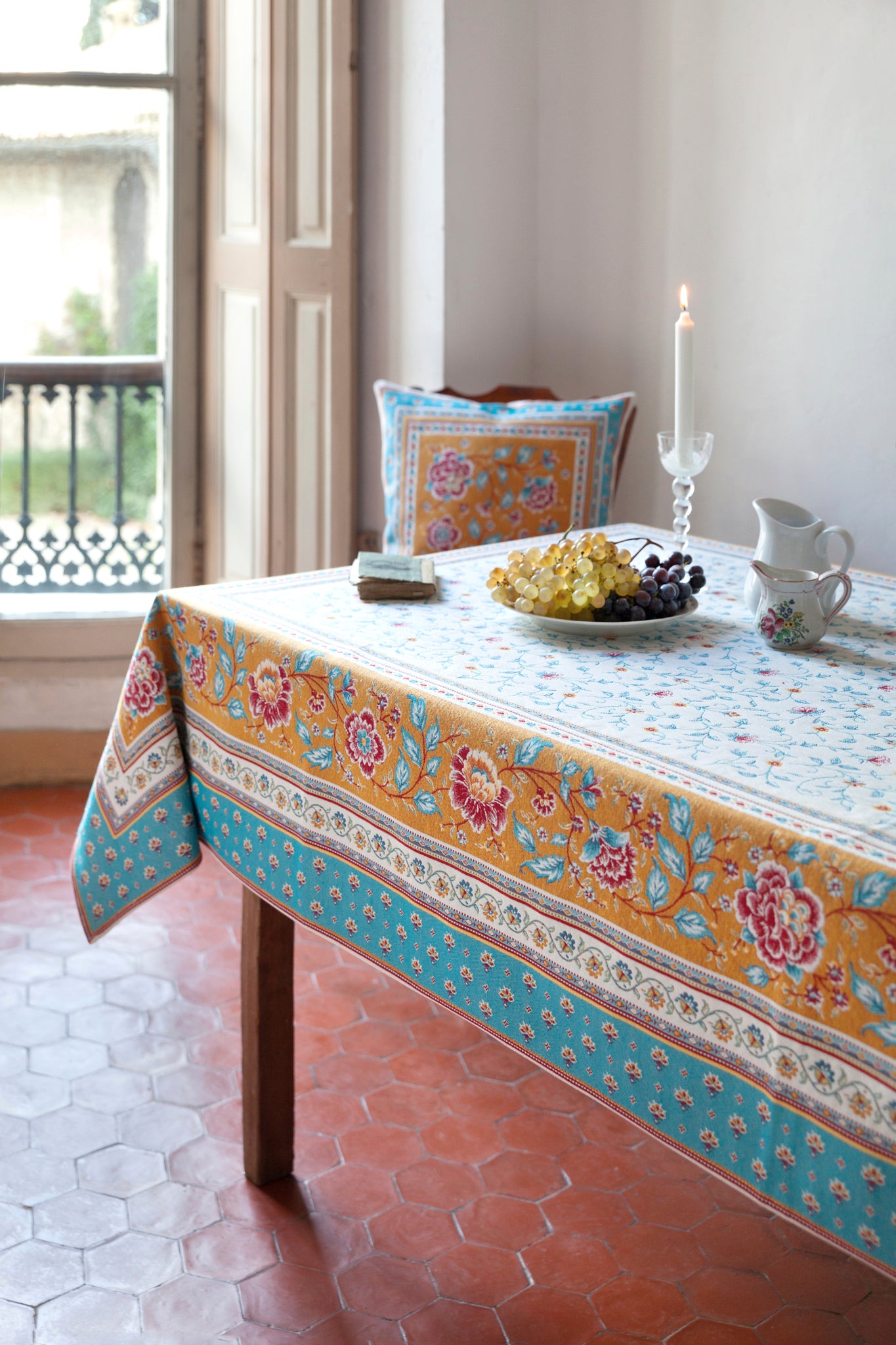 Embroidered Jacquard Tablecloth - Roussillon China Bue/Orange/Linen - Jenny's Linens