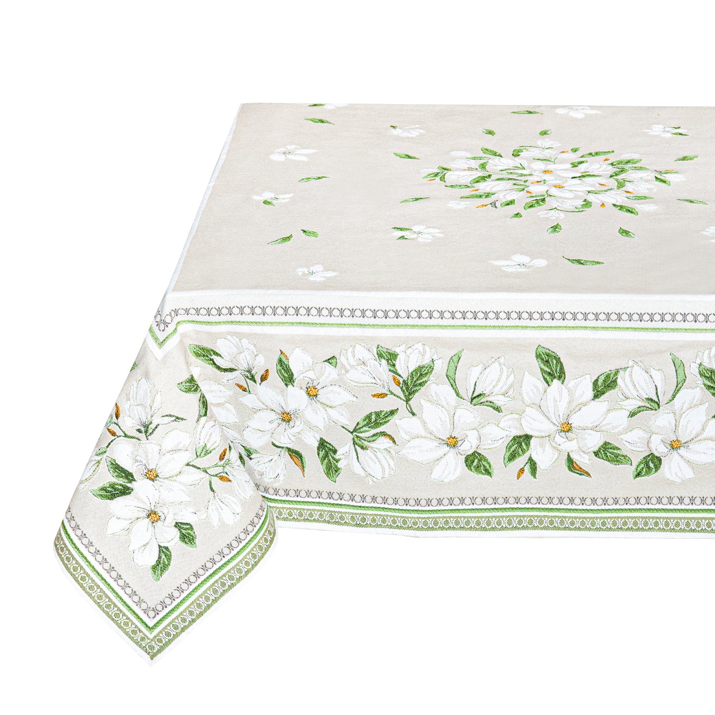 Embroidered Jacquard Tablecloth - White Magnolia - Jenny's Linens