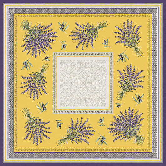 Jacquard Castillon Yellow/Linen/Lavender Table Cover 100 x 100cm - Jenny's Linens