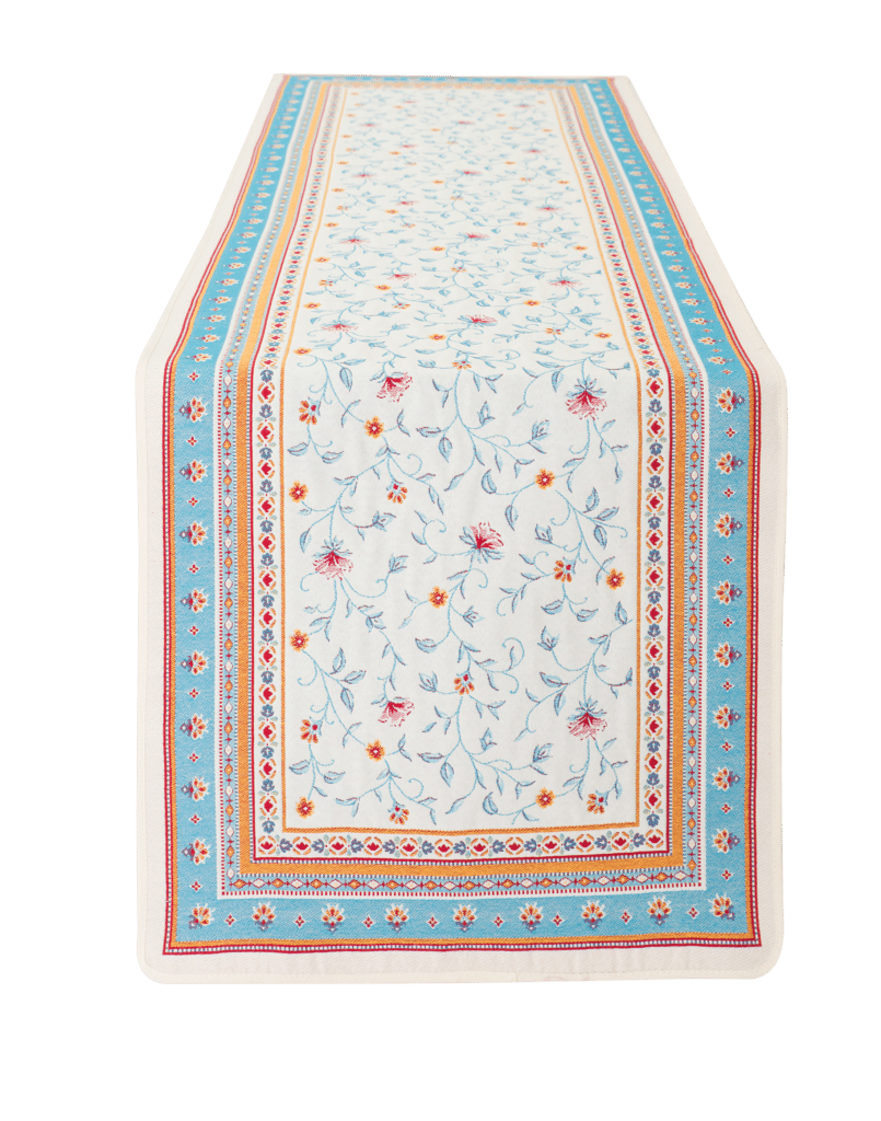 Jacquard Table Runner 170x 50cm Roussillon Design in China Blue/Orange/Linen - Jenny's Linens