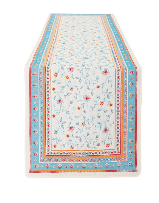 Jacquard Table Runner 170x 50cm Roussillon Design in China Blue/Orange/Linen - Jenny's Linens