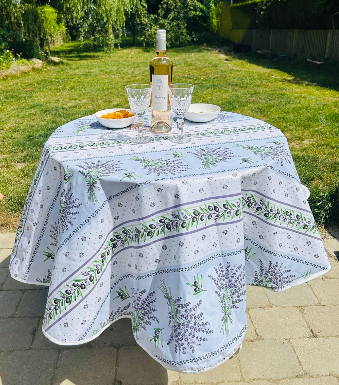 Wipe clean Coated Cotton Tablecloth In Lauris Blue Linear Design
