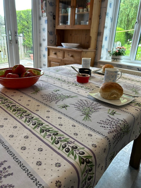 Cotton Tablecloth in Lauris Pale Blue Lavender/Olive Linear Design