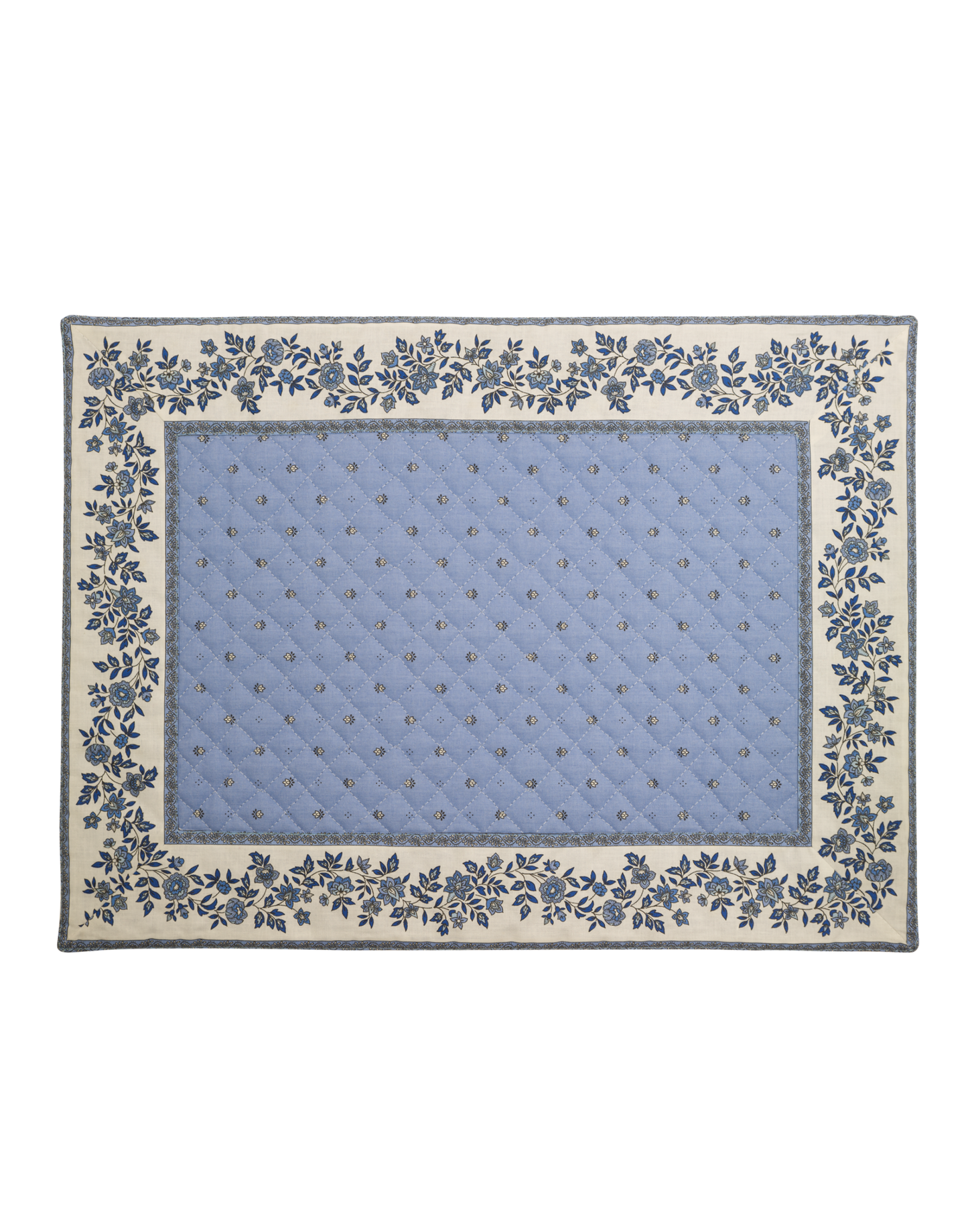 Quilted Cotton Placemat Blue/Ecru with Floral Border