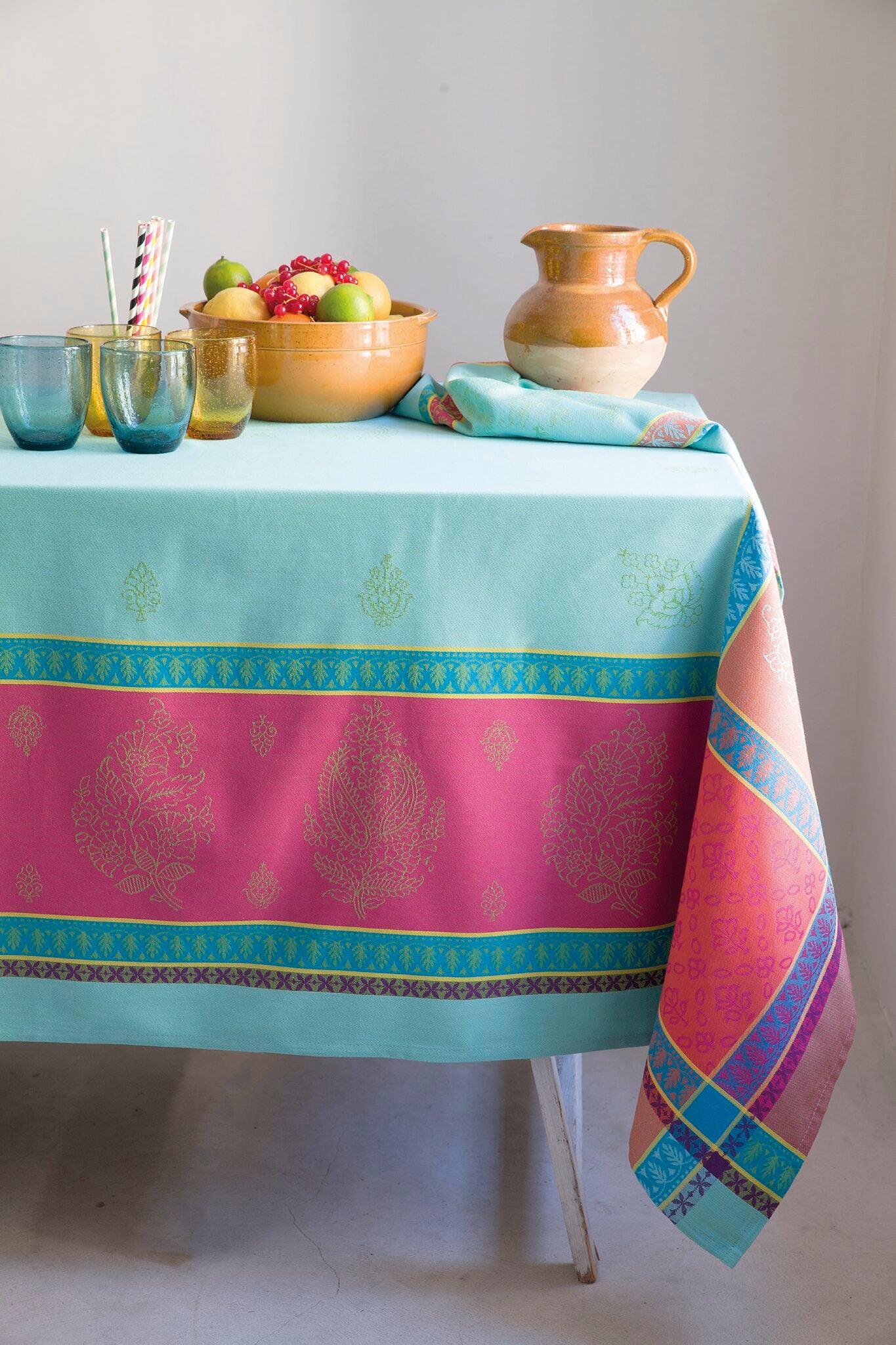 Cotton Jacquard Tablecloth -  Cassis Turquoise - Jenny's Linens 