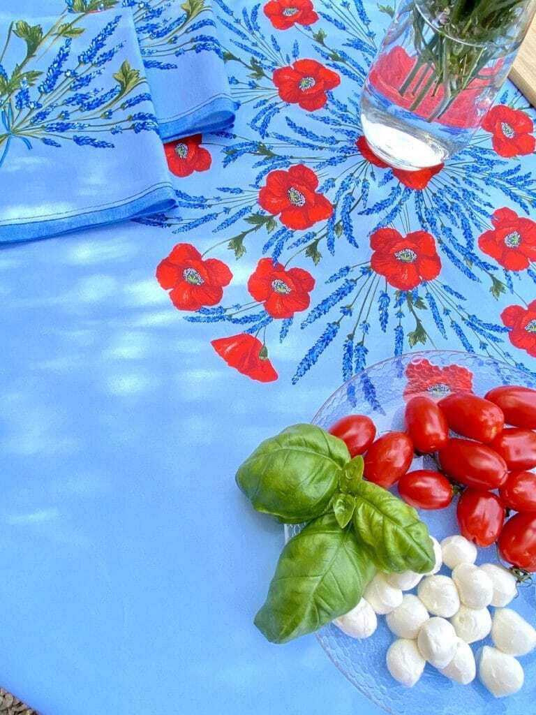 Blue Rectangular Cotton Tablecloth with Red Poppies Design