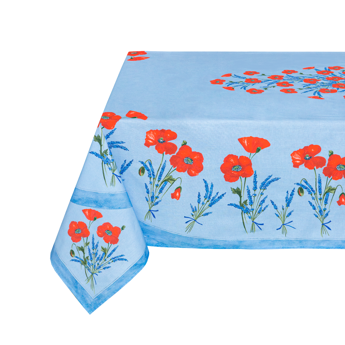 Blue Rectangular Cotton Tablecloth with Red Poppies Design