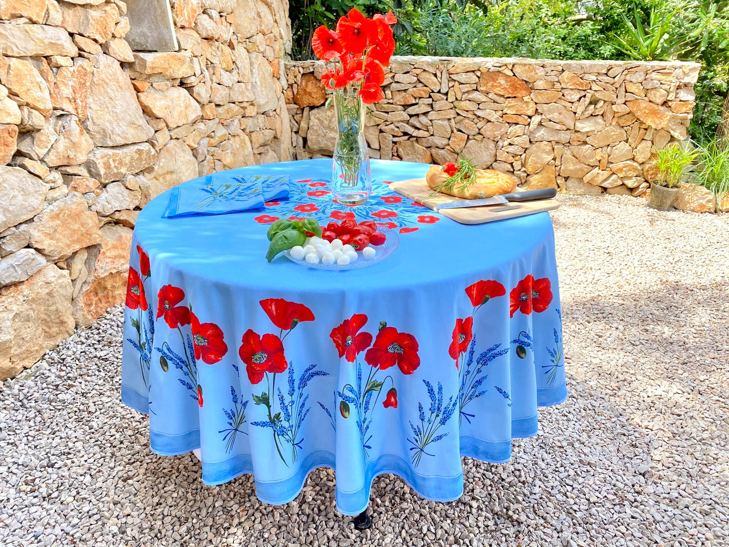 Poppies design Blue Cotton Tablecloth 180cm Round