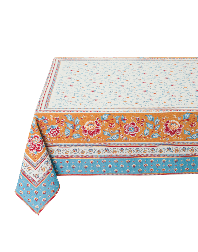 Embroidered Jacquard Tablecloth - Roussillon China Bue/Orange/Linen - Jenny's Linens 