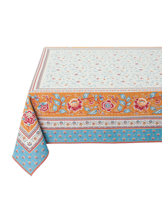 Embroidered Jacquard Tablecloth - Roussillon China Bue/Orange/Linen - Jenny's Linens 
