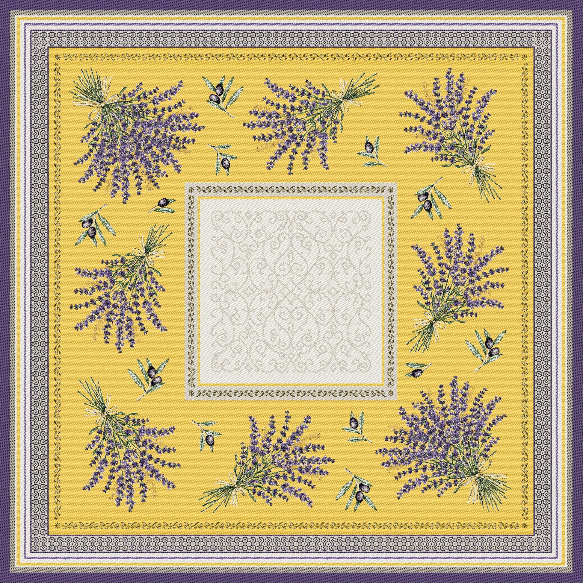 Jacquard Castillon Yellow/Linen/Lavender Table Cover 100 x 100cm - Jenny's Linens 