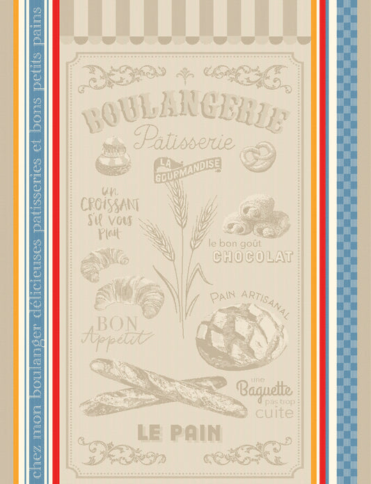 Cotton Teatowel - Boulangerie design on linen background